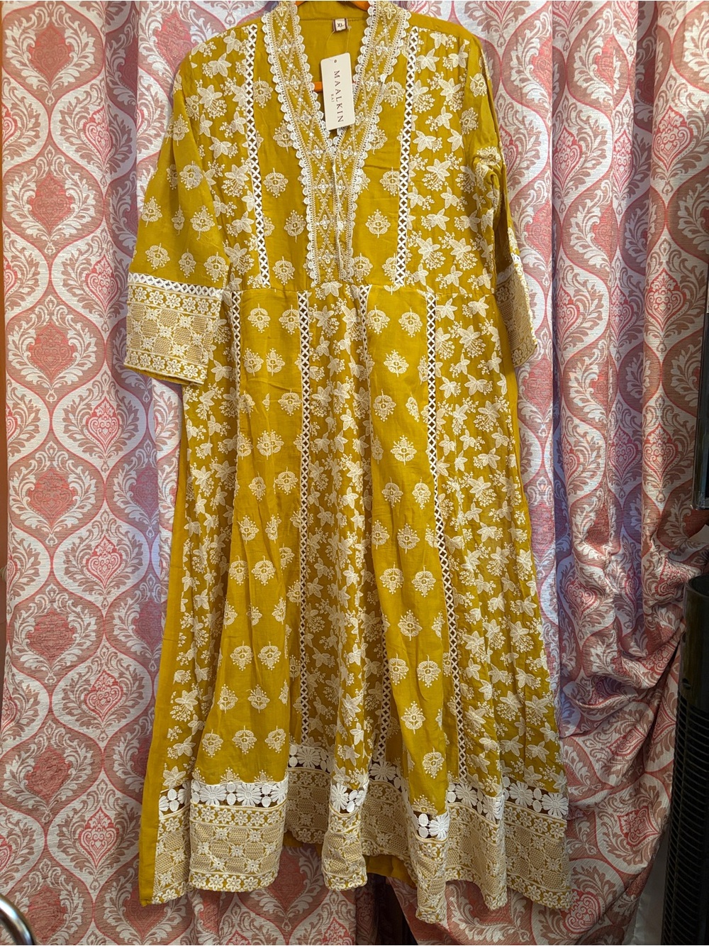 Anarkali Desi Yellow Embroidered Cotton Dress With Pants And Dupatta